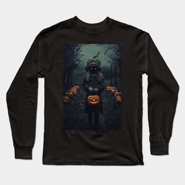 cursed girl with scary eyes and pumpkin, halloween design Long Sleeve T-Shirt by Maverick Media